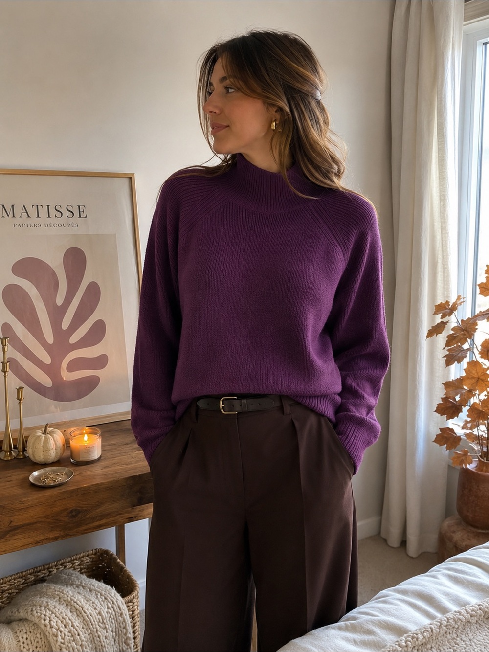 Rachel Zoe Purple 100% Extra Fine Merino Wool Mock Neck Sweater Size L Luxury